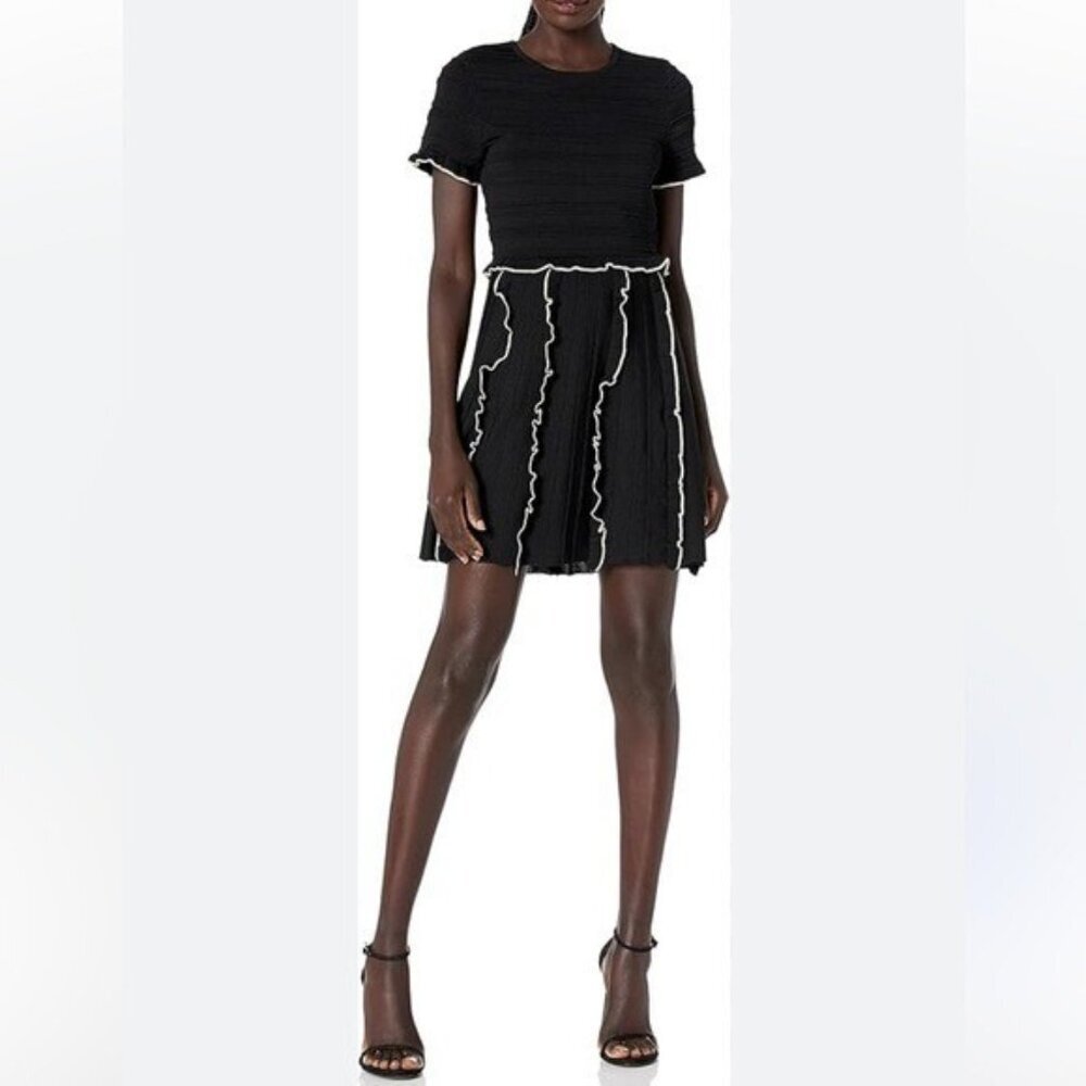 PARKER LENNY KNIT RUFFLED COCKTAIL DRESS Black Lettuce Mini Short Sleeve Large